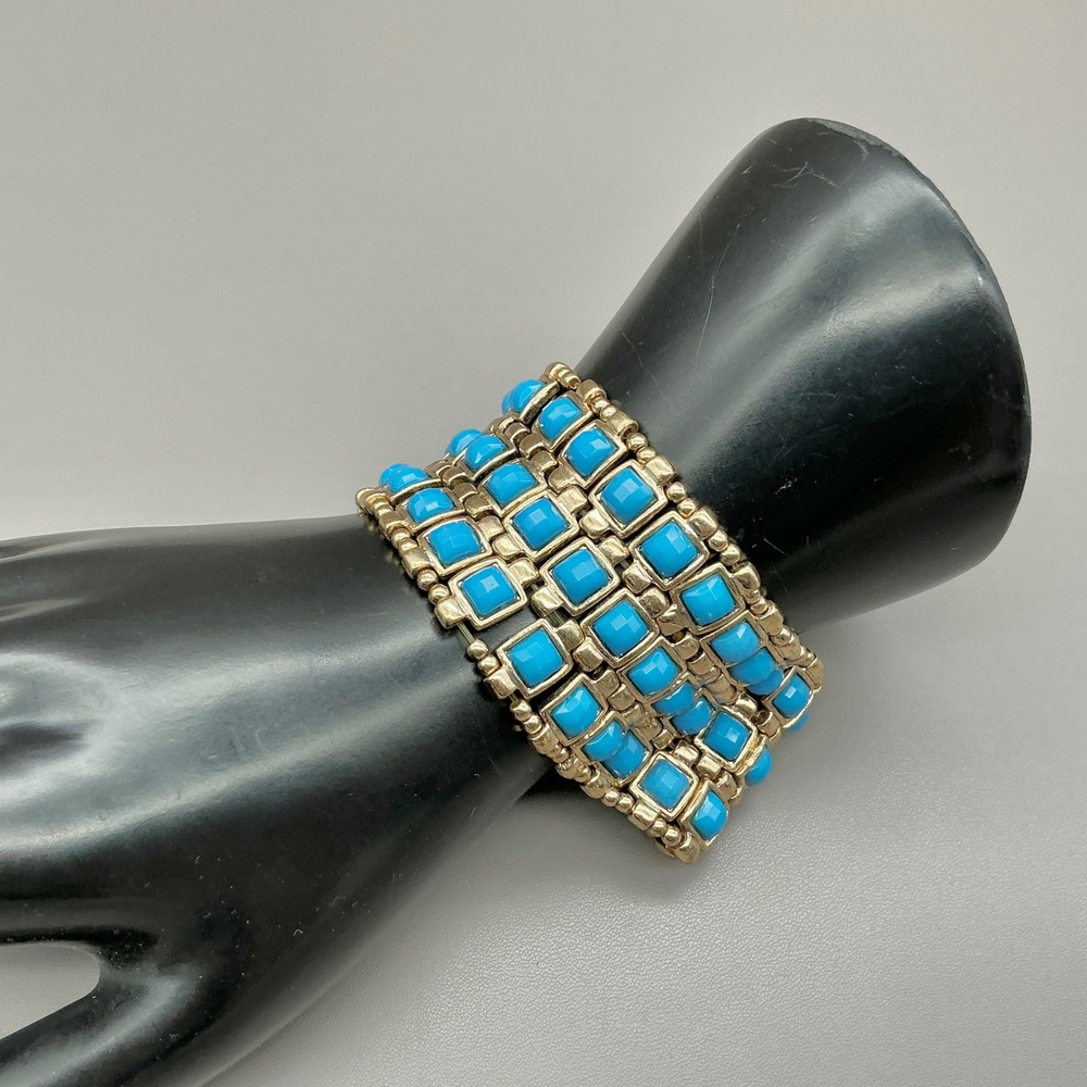 Bracelet Women Gold Tone Blue Faux Turquoise Beaded Multi Row Stretch 7.25 In